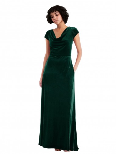 Cap Sleeves Cowl Neck Stretch Velvet Dark Green Long Black Tie Evening Gown / Prom Dress / Bridesmaid Dress Sydney