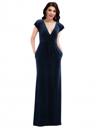 Flutter Sleeves V-Neck Stretch Velvet Dark Navy Long Formal Dress / Bridesmaid Dress Sydney