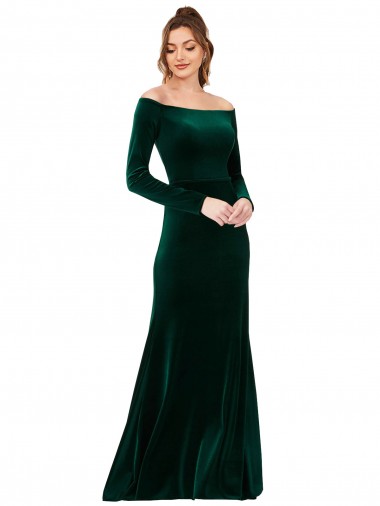 Long Sleeves Off the Shoulder Stretch Velvet Dark Green Long Formal Evening Gown / Prom Dress / Bridesmaid Dress Sydney