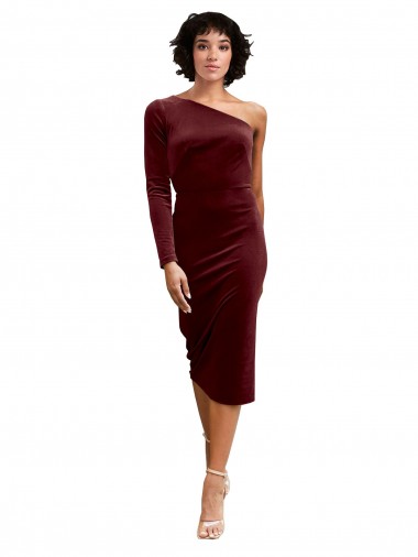 Long Sleeves One Shoulder Stretch Velvet Burgundy Midi Length Black Tie Prom Dress / Bridesmaid Dress Sydney